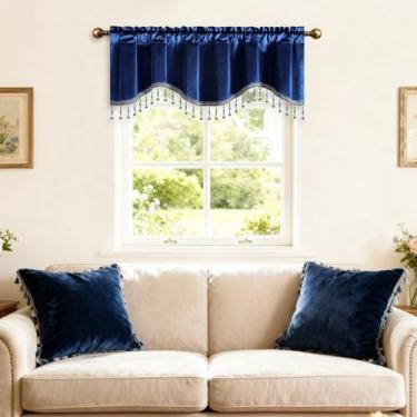 Imagem de Leeva Saia de veludo azul para janelas, elegante cortina ondulada de cor sólida com borlas de contas, cobertura de janela de veludo com bolso para varão para sala de estar e quarto, 132 x 45