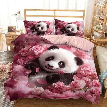 Imagem de AILONEN Conjunto de capa de edredom de panda floral rosa para meninas, 3 peças, roupa de cama de casal com flores para crianças e adultos, capa de edredom kawaii de animais adoráveis, 2 fronhas