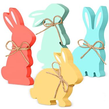 Imagem de 4 peças de mesa de coelho da páscoa placas de madeira em forma de coelho decoração de casa de fazenda primavera coelhinho de mesa de madeira decorações de mesa de jantar coelhinho da páscoa decoração de mesa de jantar placa de decoração de coelho com corda
