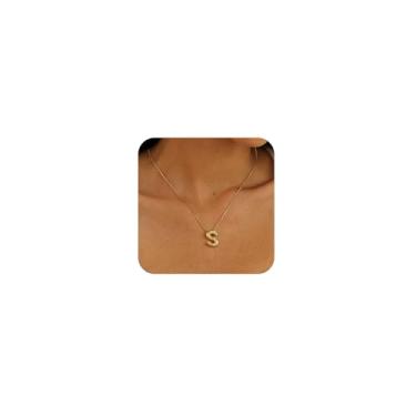 Imagem de BLUEELM Colar feminino com letras de bolha, colares delicados com inicial banhada a ouro 14 K, pingente de bolha, com inicial de bolha, nome de ouro, grosso, nome de balão, colar moderno de ouro, joia