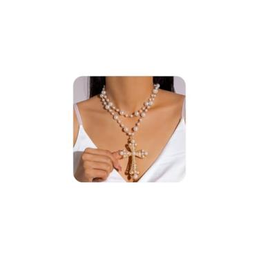 Imagem de Colar de cruz de pérola para mulheres, colar grosso com cruz grande, gargantilha de pérolas barrocas, joias góticas, Large, Liga de aço, Sem Pedra Preciosa