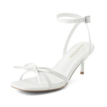 Imagem de Shoe'N Tale Sandália feminina de salto gatinho com laço, salto com tiras, bico aberto, moderno, elegante, para festa de casamento, Branco, 40
