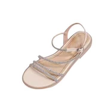 Imagem de Sandálias rasteiras femininas casuais verão praia com decoração de strass, calçados deslizantes para uso interno e externo, Branco, 34