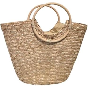 Imagem de Bolsa de Praia em Palha Trançada, Alças de Madeira, Design Cesta Artesanal Praia Piscina, 39 x 29 x 16 cm (Palha)