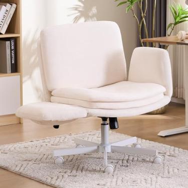 Imagem de Wismestr Cadeira cruzada com apoios de braços e rodas ajustáveis de 5 marchas, cadeira de mesa giratória ergonômica para airbag para escritório em casa, penteadeira, quarto e sala de estar, bege