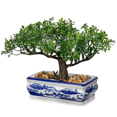 Imagem de Bonsai artificial com vaso de porcelana azul e branco, bonsai falso para decoração de mesa de escritório em casa, decoração de mesa zen oriental, planta de bonsai falso para sala de estar, prateleira