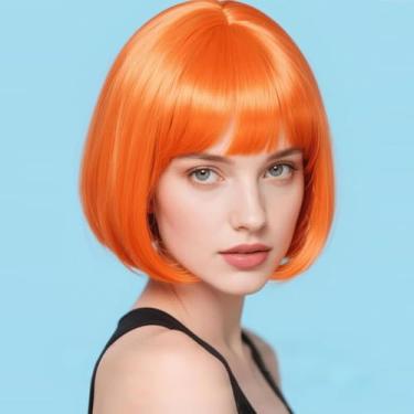 Imagem de Peruca curta laranja bob com franja para mulheres, peruca curta reta gengibre laranja fantasia cosplay festa natural peruca bob macia para festa de fantasia de Halloween laranja 25 cm