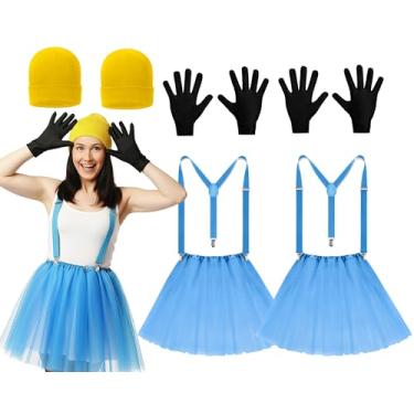 Imagem de Maiteenly Conjunto de 8 peças amarelas para fantasia de Halloween para casais, gorro para duas pessoas, suspensórios, saia tutu para mulheres, festas de cosplay, Azul, Tamanho Único