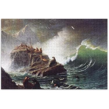 Imagem de Bierstadt Albert Seals Rocks Farallon Islands Quebra-cabeças adultos 500 peças Elefante branco Cool Puzzles para adultos pintura de paisagem, 50 x 37 centímetros