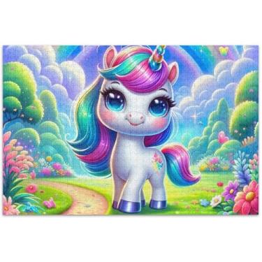Imagem de Quebra-cabeça fofo de unicórnio arco-íris 1000 peças decoração de arte animal adulto quebra-cabeças grandes família amantes presentes, 75 x 40 centímetros