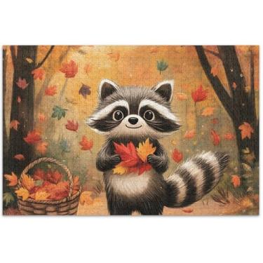Imagem de Queda fofo guaxinim outono floresta 1000 peças quebra-cabeça adultos engraçado jogo de quebra-cabeça divertido quebra-cabeça animal arte, 75 x 40 centímetros