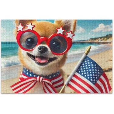 Imagem de Quebra-cabeça fofo cachorro chihuahua EUA 1000 peças para adultos divertido quebra-cabeça colorido bobo desenho animado, 75 x 40 centímetros