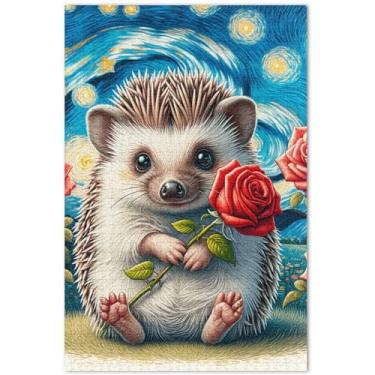 Imagem de Noite estrelada ouriço flor quebra-cabeça 500 peças adultos família amantes presentes personalizado paisagem animal flor arte, 20,5 x 14,9 polegadas
