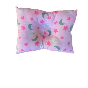 Imagem de Travesseiro Anatômico Bebê para Berço e Carrinho, Estampa Céu com Estrelas e Luas, Fibra Siliconada Hipoalergênica, 27x37cm (Rosa Bebê)