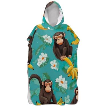 Imagem de Joisal Poncho de surfe vestível trocador de roupão adulto toalha de banho com capuz fofo macaco engraçado bananas azul-petróleo ponchos femininos com capuz