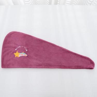 Imagem de Toalhas de secagem de cabelo bordadas para mulheres - design padrão de estrela roxo coral fleece super absorvente turbante de cabelo de secagem rápida para todos os estilos de cabelo