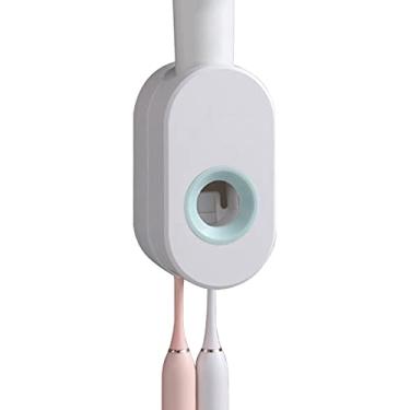 Imagem de Espremedor automático de pasta de dente adesivo espremedor de pasta de dente montado na parede mãos - livre com suporte de escova de dentes organizador para banheiro banheiro (branco/rosa/azul escuro)