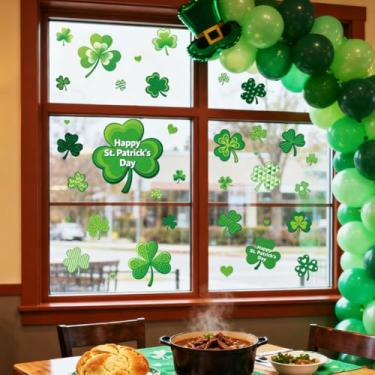 Imagem de ANATTASOUL Adesivos de janela estática do Dia de São Patrício com vários padrões, 1 folha de decalques reutilizáveis para vidro, adesivo removível de janela dupla face de 120 cm x 30 cm para decoração
