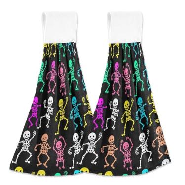 Imagem de Toalhas de cozinha com laço para pendurar esqueletos engraçados desenhos animados toalhas de forno preto conjunto de 2, absorvente macio bonito cozinha decoração de banheiro, 18,2 x 14 polegadas