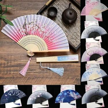 Imagem de 1 ventilador dobrável de bambu com 21 cm de comprimento, feito à mão, estilo japonês, para decoração de festa, festival, palco, apresentação, grupo, eventos (branco)