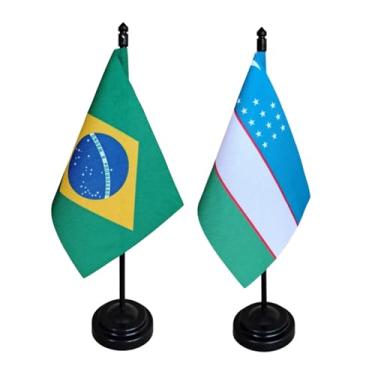 Imagem de Kit Bandeira de Mesa Brasil e Uzbequistão, 26cm Altura, 18x11cm Bandeiras, Multicolorido, Oxford, Base Plástica, para Escritório, Eventos, Decoração