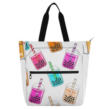 Imagem de Linda sacola branca de chá bolha de desenho animado para mulheres bolsas de tecido de lona para trabalho universitário, escola, escritório, livros, presente para amantes de livros