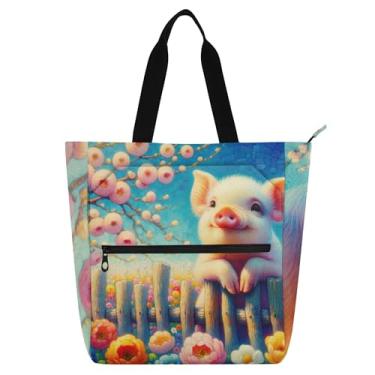 Imagem de GAIGEO Linda bolsa de trabalho floral com estampa de porco para mulheres, bolsa de lona para escola de praia, presente de tecido para amantes de livros