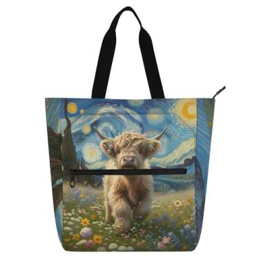 Imagem de GAIGEO Lindas bolsas femininas Highland Cow Cattle Starry Night para trabalho, lona, escola, bolsa de livros, bolsas diárias com compartimentos