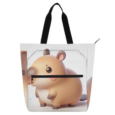 Imagem de GAIGEO Linda bolsa de trabalho feminina de desenho capivara com zíper de lona bolsa de praia utilitária infantil com compartimentos