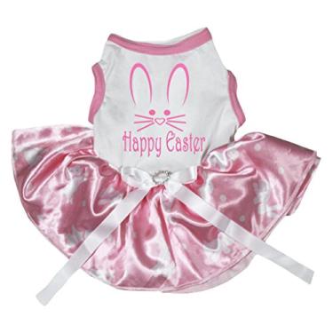 Imagem de Petitebella Vestido de cachorro com estampa de coelho da páscoa branca com estampa de coelho rosa (PP)