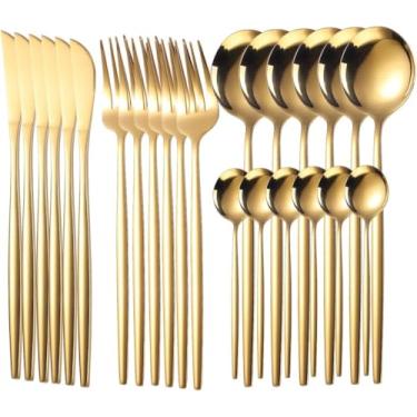 Imagem de Talheres Inox 24 Peças, Com Colher Garfo Faca e Colher de Café, Conjunto de Conjunto de Talheres Dourado