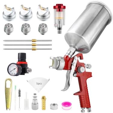 Imagem de RRJ Pistola de tinta spray HVLP com regulador de ar, bocais de 1,4/1,7/2,5 mm, copo de 1000cc, pistola de pintura automotiva, pistola de pintura para pintura doméstica, móveis, cerca