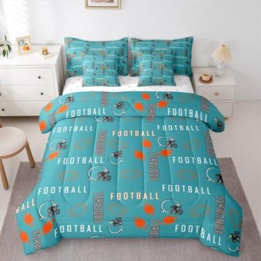 Imagem de jejeloiu Conjunto de edredom de futebol americano com lençol de solteiro, para decoração de quarto de meninos, meninas, adolescentes, cidade de futebol americano, 7 peças, azul, laranja, respirável