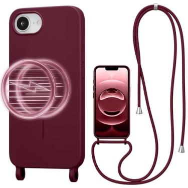 Imagem de UCASONG Capa transversal magnética para iPhone 16E de 6,1 polegadas, capa de silicone líquido com alça ajustável no pescoço, [compatível com MagSafe] capa protetora de telefone à prova de choque