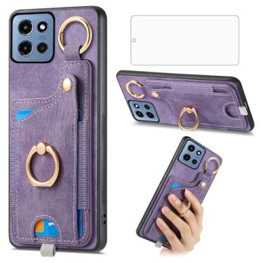 Imagem de Asuwish Capa para celular Motorola Moto G 5G 2025 carteira com protetor de tela de vidro temperado e suporte de anel fino para cartão de crédito G5G 5 G G5 feminino masculino roxo