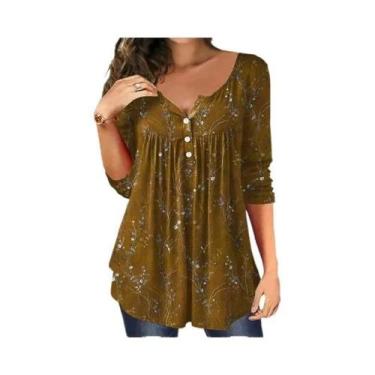 Imagem de Camiseta De Manga Longa Com Estampa De Plantas Para Mulheres plus Size