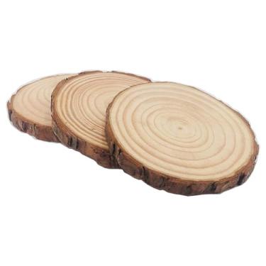 Imagem de YDJIANCAI Pacote com 3 fatias de madeira natural inacabadas para artesanato, discos de madeira para pintura DIY e centros de mesa de casamento (tamanho: 8,66-9,84 pol (22-25 cm) espessura 0,59 pol