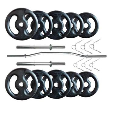 Imagem de Kit 30 Kg de Anilhas Ferro Fundido + 02 Barras de 40cm + Barra W - BOX