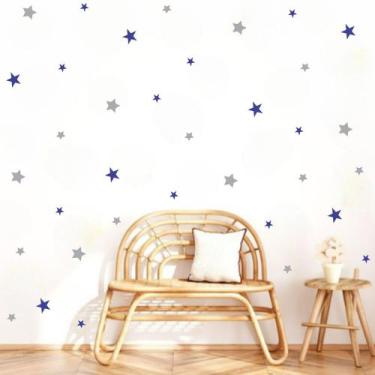 Imagem de adesivo de parede decoração para quarto ou sala estrelas azuis e cinza