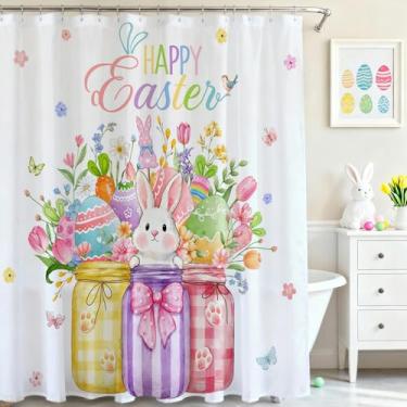 Imagem de Mocsicka Cortina de chuveiro de Páscoa, coelhinho fofo, ovos de Páscoa, pote de pedreiro, cortina de chuveiro de tecido impermeável para primavera, cortinas de chuveiro, decoração de banheira com 12
