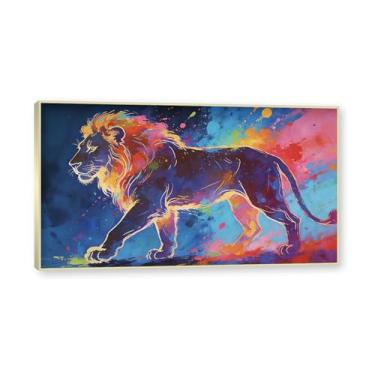 Imagem de NHLDZYH Moldura dourada. Pintura salpicada de leão pintura em tela abstrata arte animal mural vívido chama a atenção para sala de estar decoração de casa moderna. A119. 70 x 125 cm.