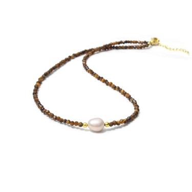 Imagem de A&M Gems Colar de contas facetadas redondas facetadas de 3 a 3,5 mm com pedras preciosas naturais de 7 a 10 mm, estilo gargantilha de pérolas de água doce, banhado a ouro, hipoalergênico, não mancha