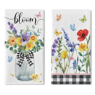 Imagem de Croar Conjunto de 2 panos de prato de cozinha florais primavera verão flor aquarela pote de pedreiro toalha de mão secagem pano de cozimento, flor xadrez fazenda banheiro decoração de casa 45 cm x 66