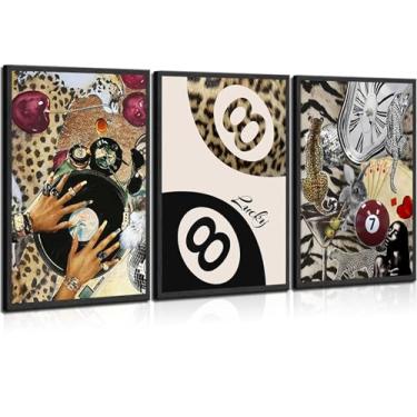 Imagem de 3 peças de arte moderna de parede de lona leopardo funky Lucky 8 bola decoração de parede moda menina negra mulher negra impressões pop música disco vinil pôsteres preppy chita estética imagens arte