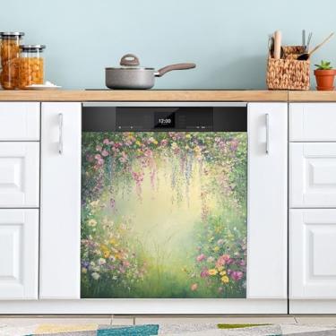 Imagem de SEHANY Capa magnética colorida com flores de jardim Monet para máquina de lavar louça, adesivos magnéticos decorativos antiarranhões para painel de geladeira e lava-louças, decoração de flores de