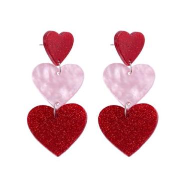 Imagem de Brincos pendentes de três corações de amor exclusivos rosa vermelho coração declaração brincos para mulheres presente de dia dos namorados, Acrílico, Sem pedra preciosa