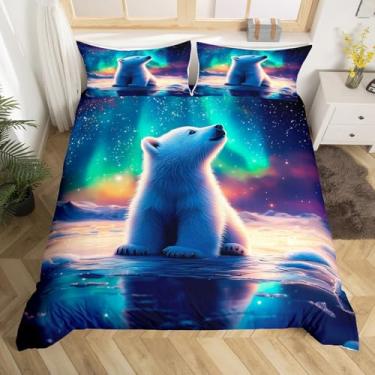 Imagem de Manfei 3 peças de capa de edredom kawaii com urso polar tamanho king para adolescentes jovens, aurora neon colorido galáxia céu, desenho animado, urso pequeno, vida selvagem, roupa de cama super macia