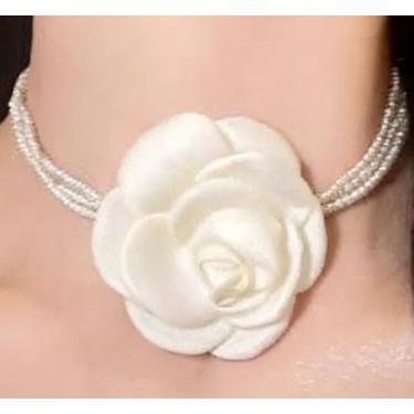 Imagem de Colar gargantilha feminina com pérola e rosa em camadas, colar de flores, multicamadas, pérola, declaração, baile, banquete, vestido de casamento, joia, One Size, Metal, Zircônia cúbica