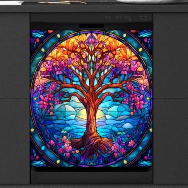 Imagem de Capa magnética para lava-louças, árvore da vida, flores rosas, capa frontal para lava-louças, decorativa, geladeira, reutilizável, eletrodomésticos, adesivos, decoração 58 x 66 cm