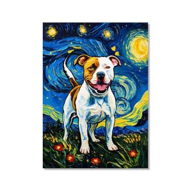 Imagem de Pintura a óleo floral colorida abstrata Van-Gogh Dog Starry Night Pôster em tela de arte de parede impressões engraçadas de animais para decoração de casa e sala de estar de casa de fazenda (SKU8,12 x